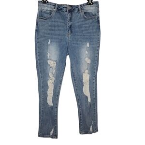 RISEN Womens High Rise Stretch Distressed Medium Wash Denim Jeans Size 15/32